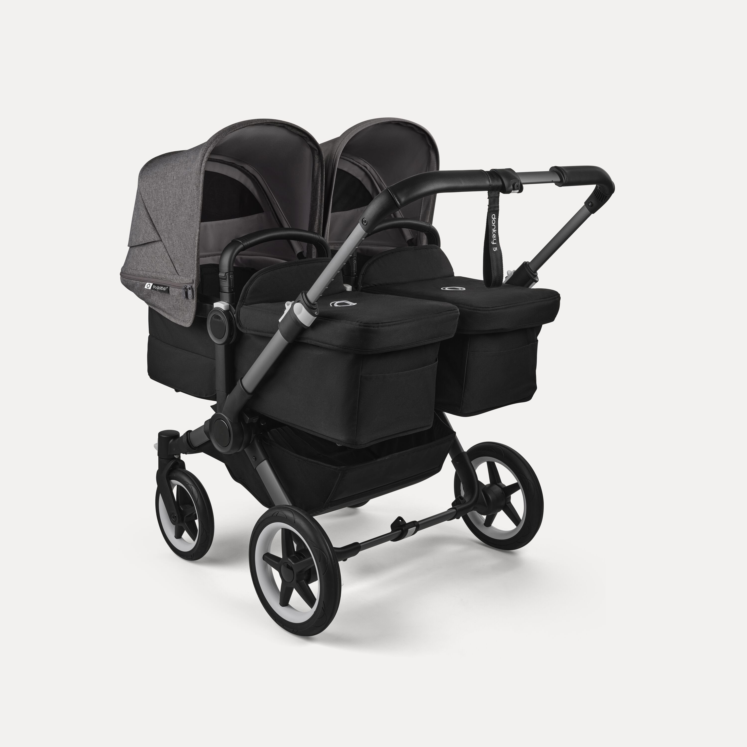 Bugaboo Donkey 5 twin stroller graphite base, midnight black fabrics, grey mélange sun canopy - Main Modal Image Slide 1 of 12