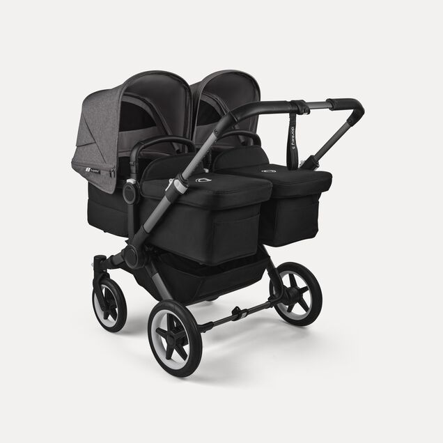 Bugaboo Donkey 5 twin stroller graphite base, midnight black fabrics, grey mélange sun canopy - Main Image Slide 1 of 12