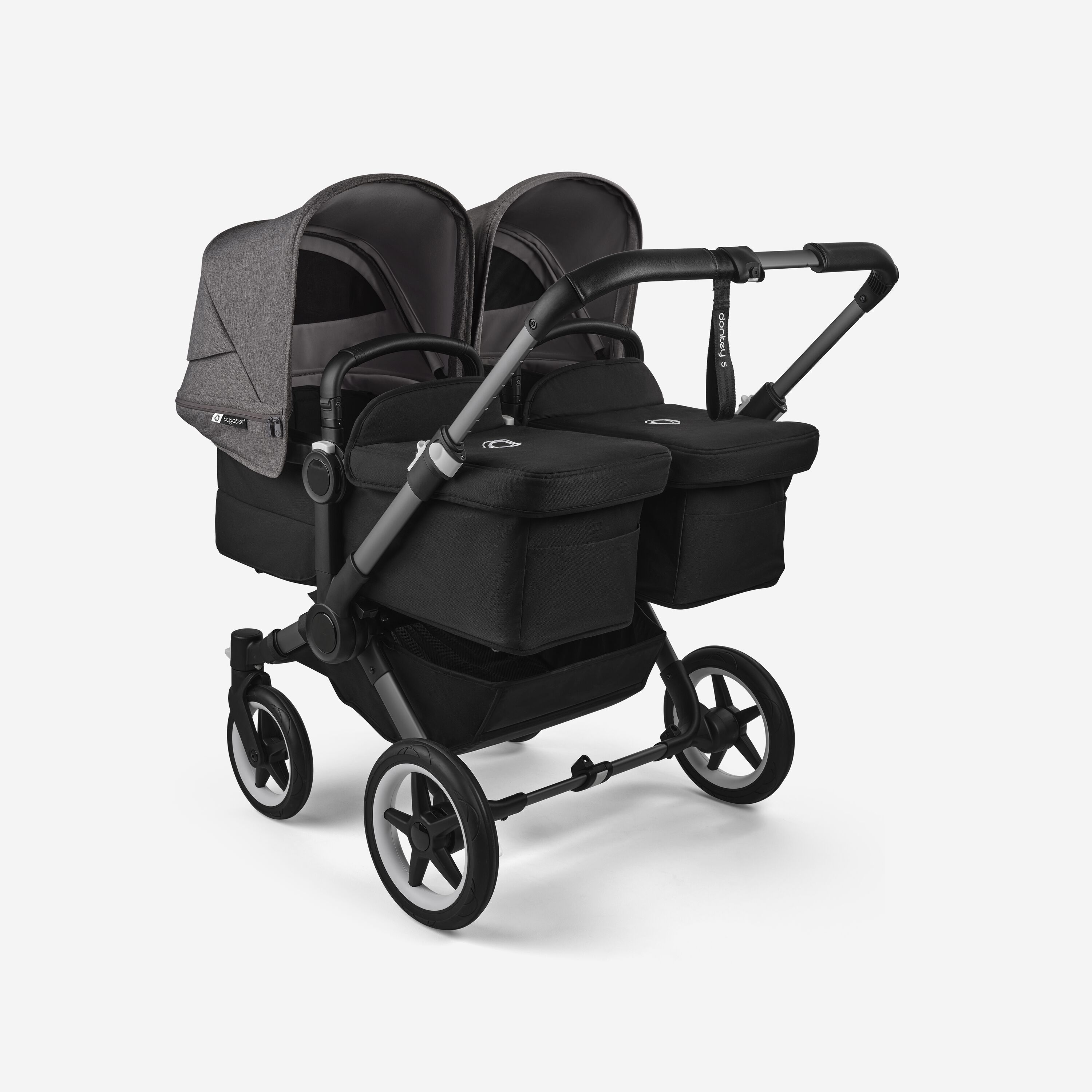 Bugaboo Donkey 5 twin stroller graphite base, midnight black fabrics, grey mélange sun canopy - Main Modal Image Slide 1 of 12