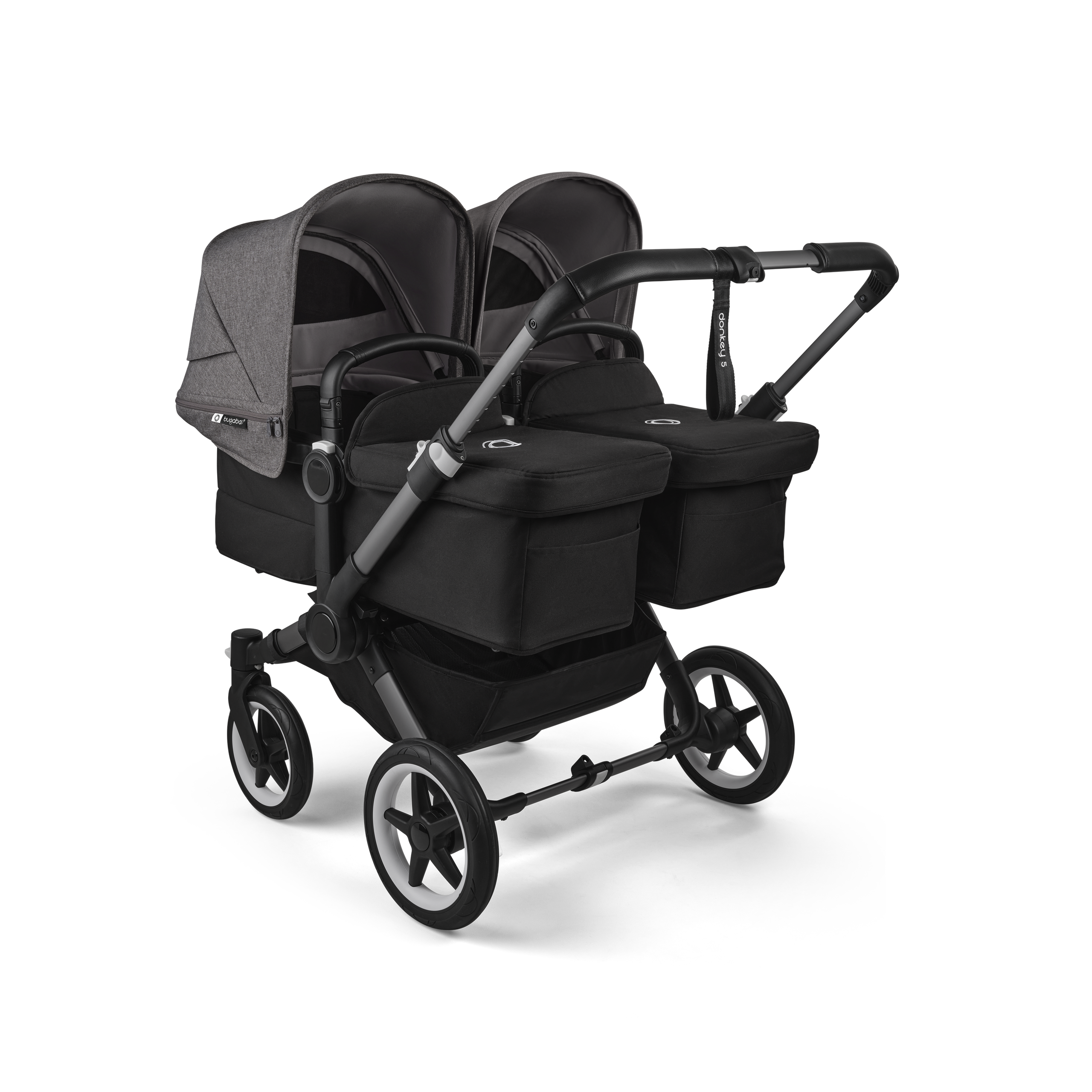 Bugaboo Donkey 5 twin stroller graphite base, midnight black fabrics, grey mélange sun canopy - Thumbnail Slide 1 of 12