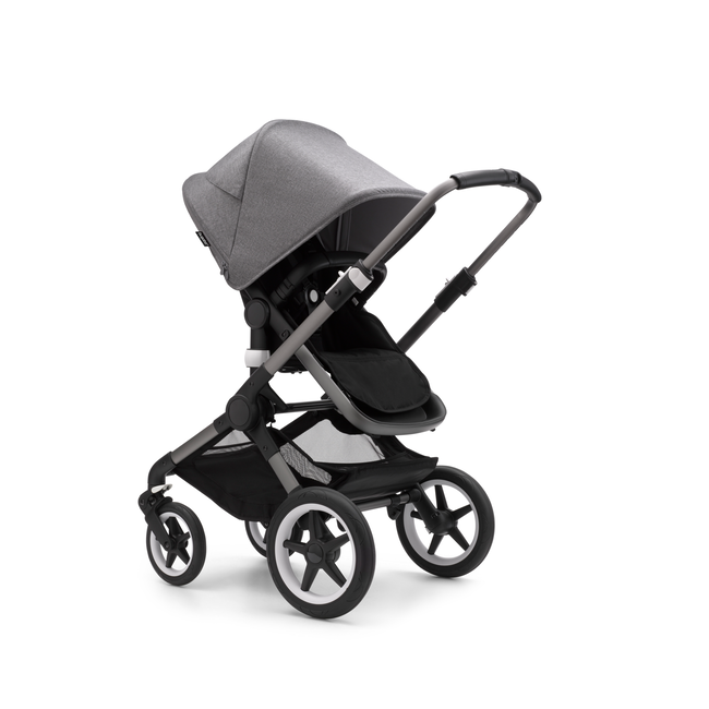 Bugaboo Fox 3 seat stroller with graphite frame, black fabrics, and grey sun canopy.
