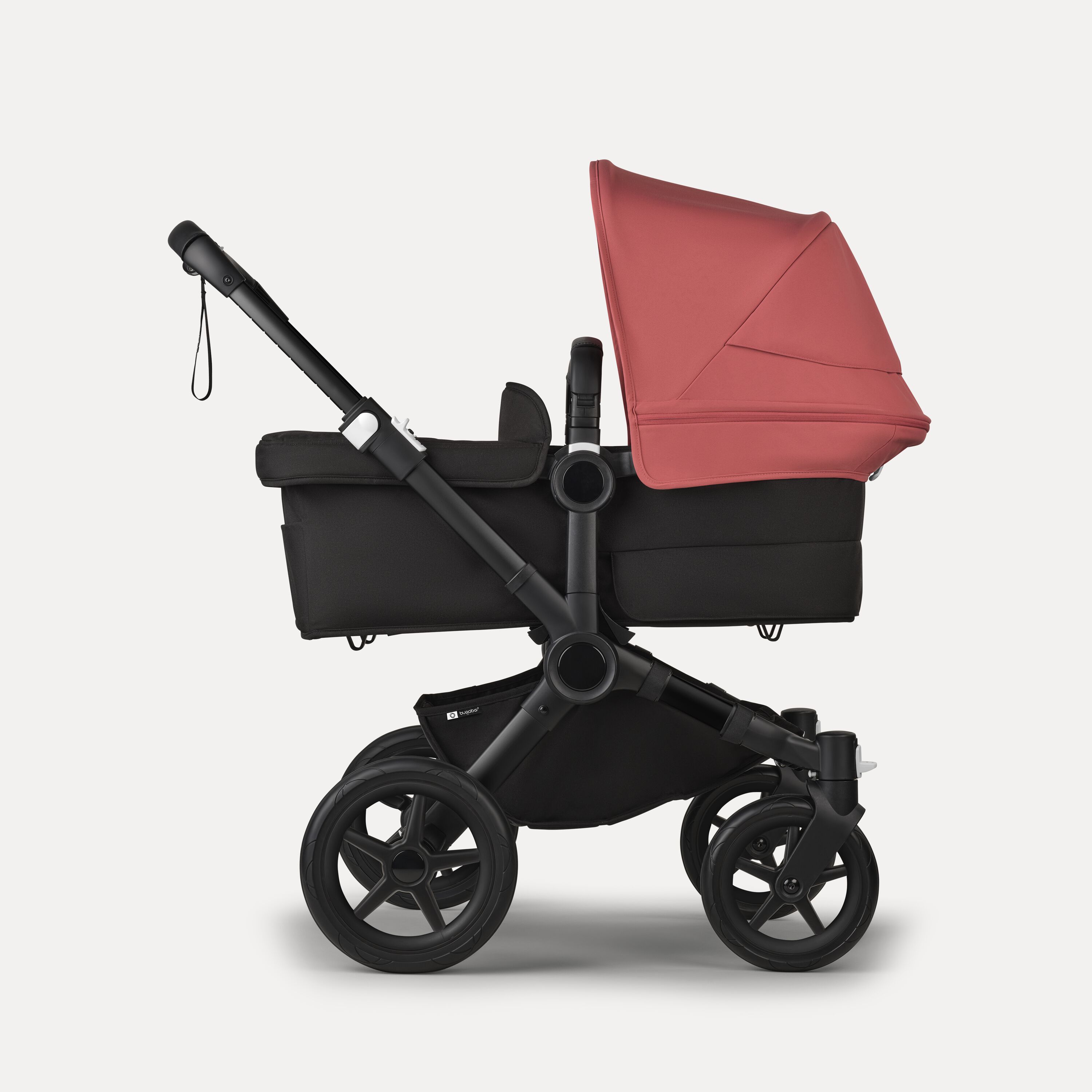 Bugaboo Donkey 5 twin stroller black base, midnight black fabrics, sunrise red sun canopy - Main Modal Image Slide 2 of 12