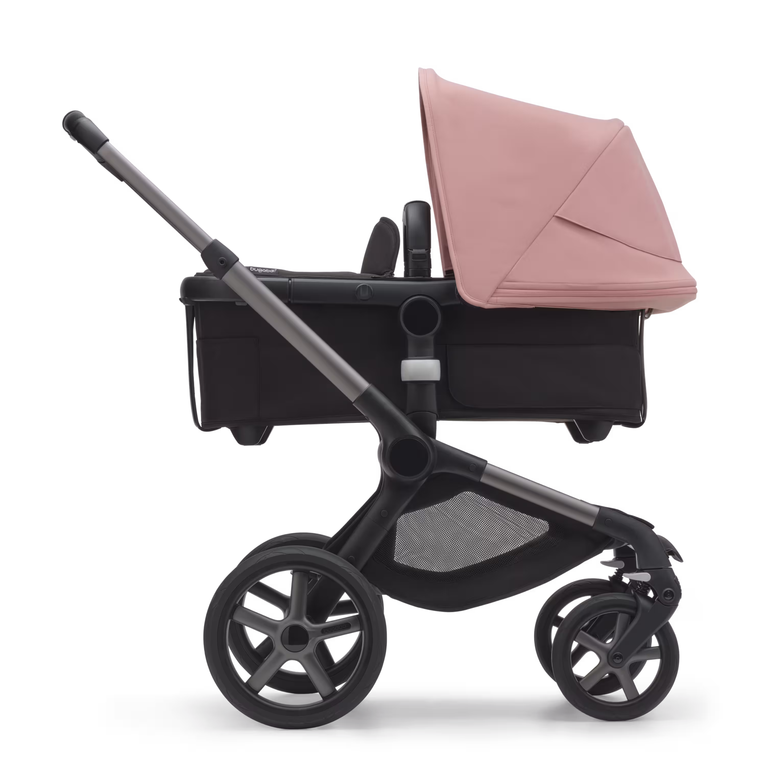Side view of the Bugaboo Fox 5 carrycot pushchair with graphite chassis, midnight black fabrics and morning pink sun canopy. - Main Modal Image Slide 2 of 13
