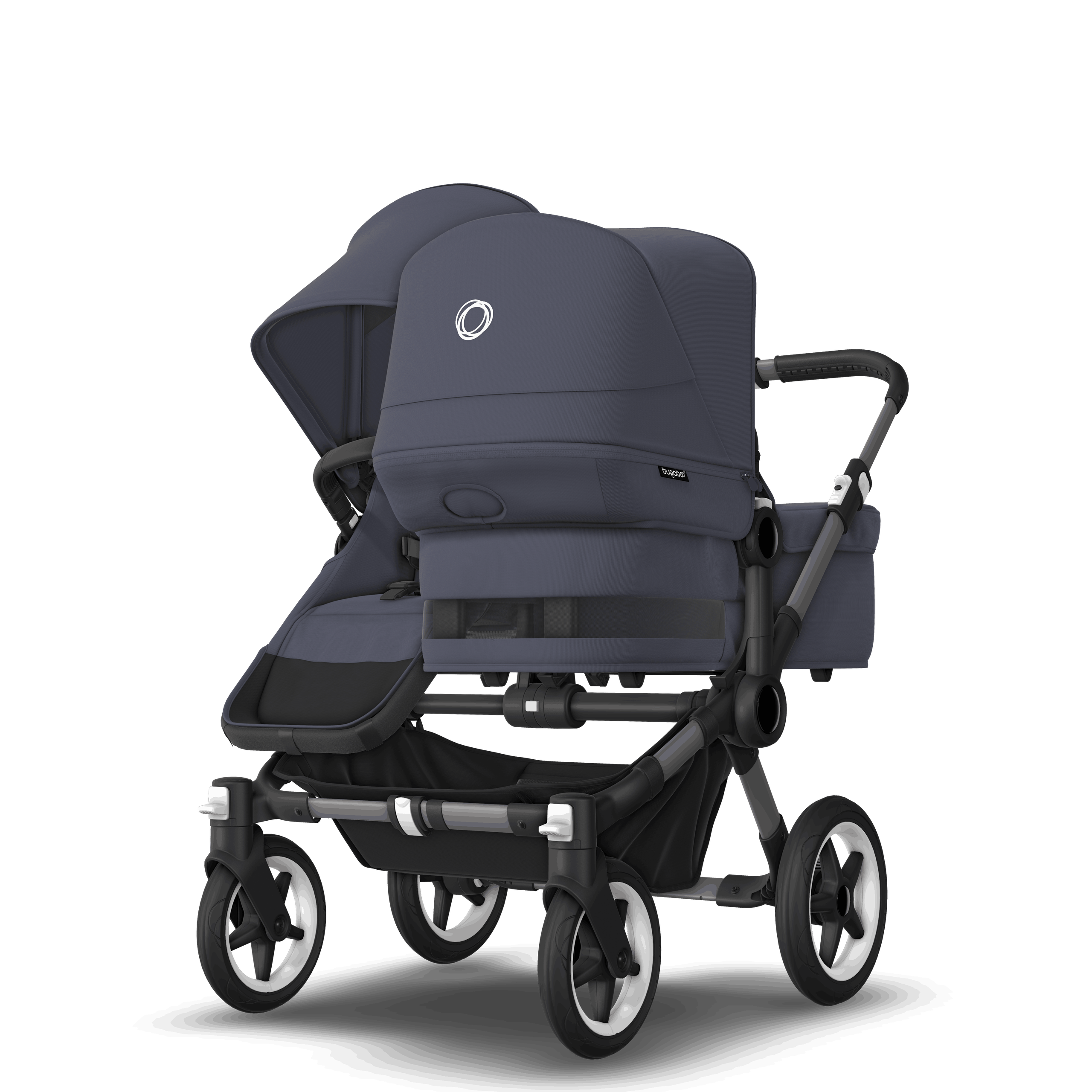 Bugaboo Donkey 5 Duo double stroller graphite base, stormy blue fabrics, stormy blue sun canopy - Thumbnail Slide 3 of 11