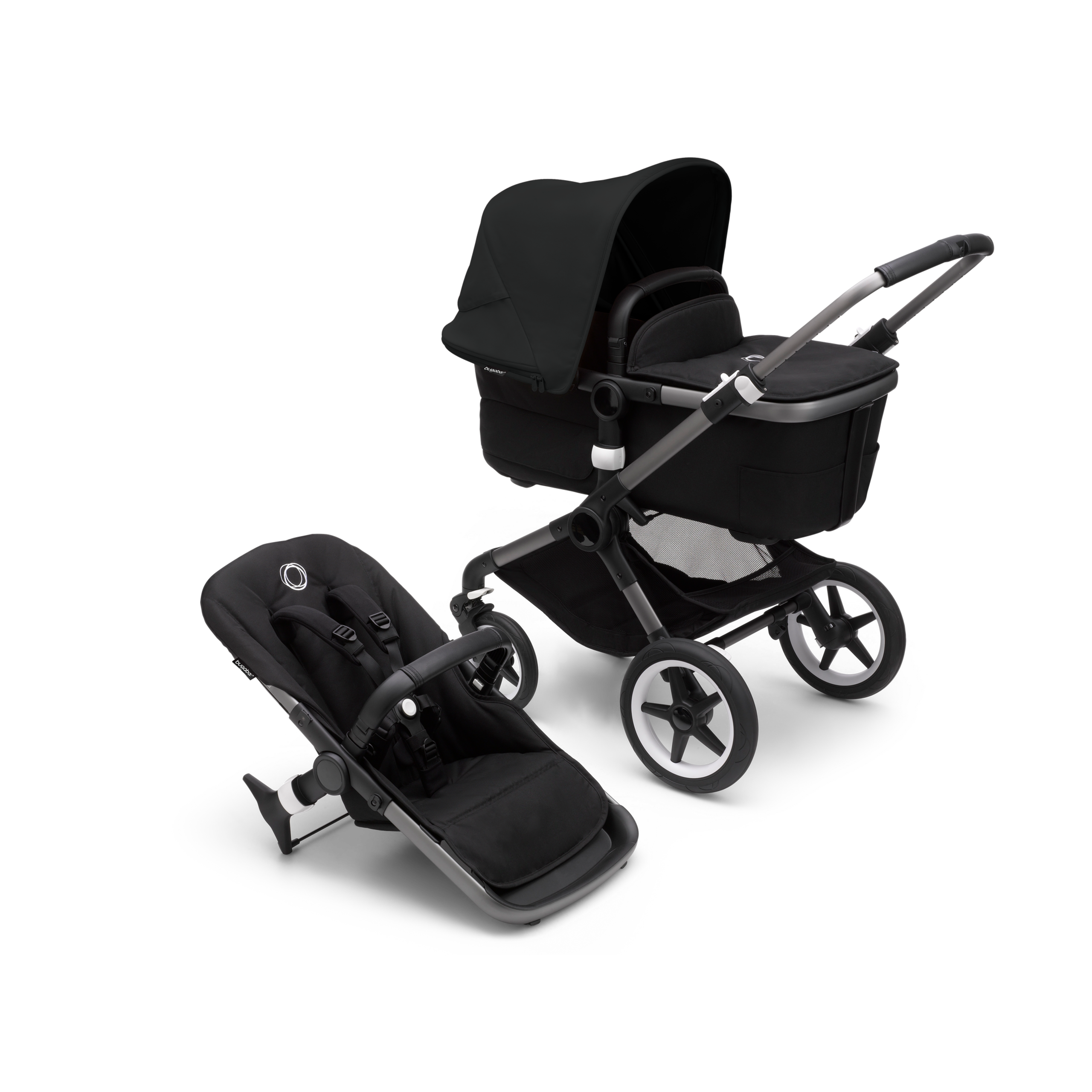 Bugaboo Fox 3 bassinet and seat stroller with graphite frame, black fabrics, and black sun canopy. - Thumbnail Slide 5 of 7
