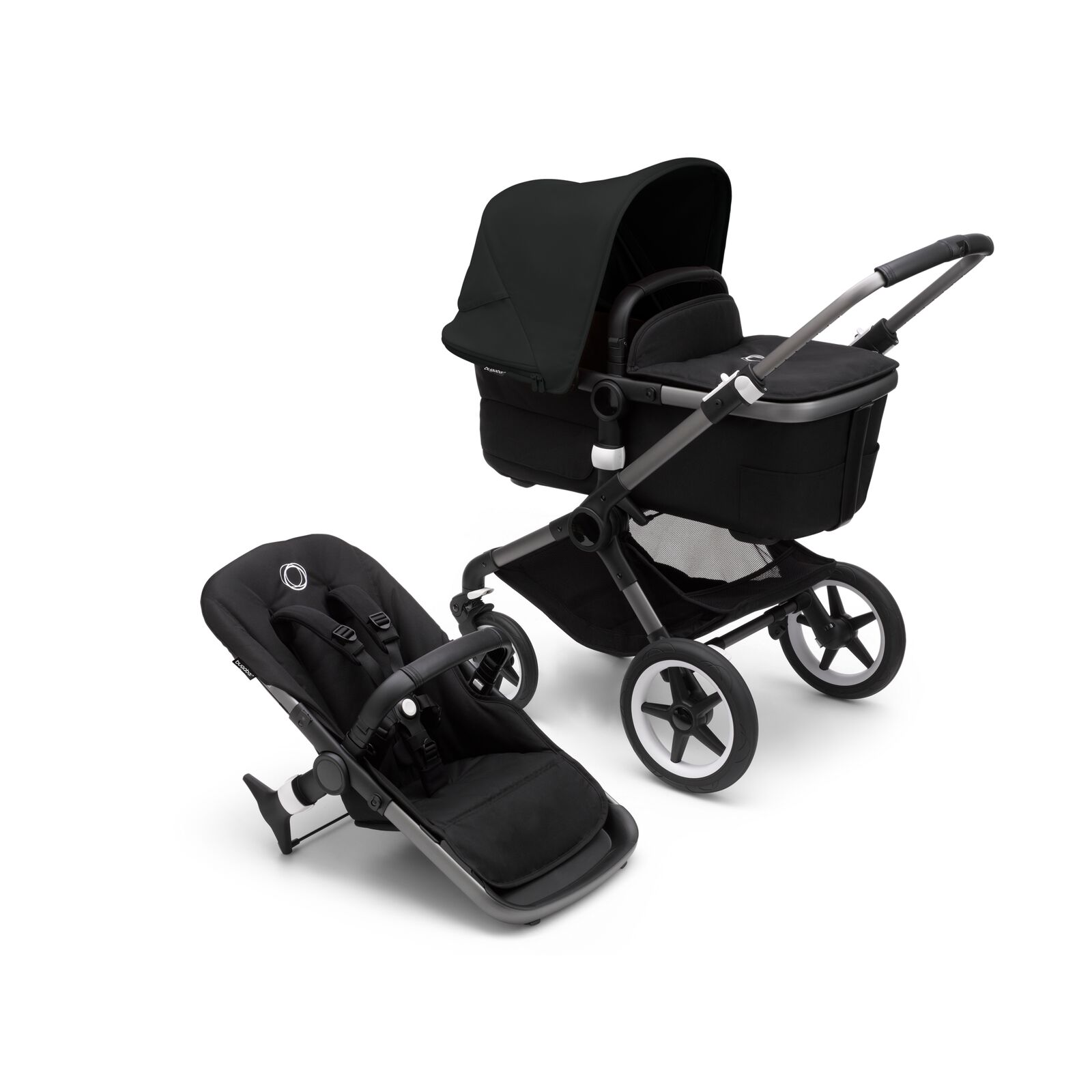 Bugaboo Fox 3 bassinet and seat stroller with graphite frame, black fabrics, and black sun canopy.