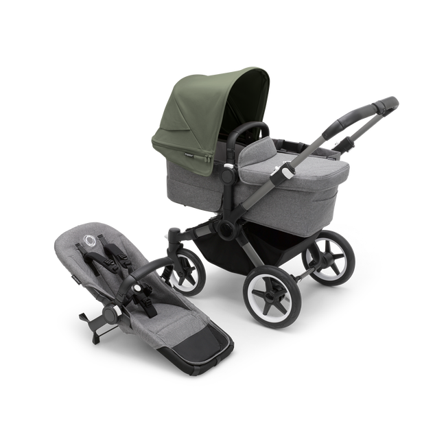 Bugaboo Donkey 5 Mono bassinet and seat stroller graphite base, grey mélange fabrics, forest green sun canopy