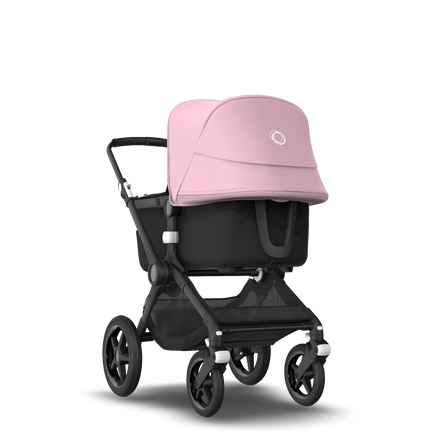 Bugaboo Fox 2 seat and bassinet stroller soft pink sun canopy, black fabrics, black base
