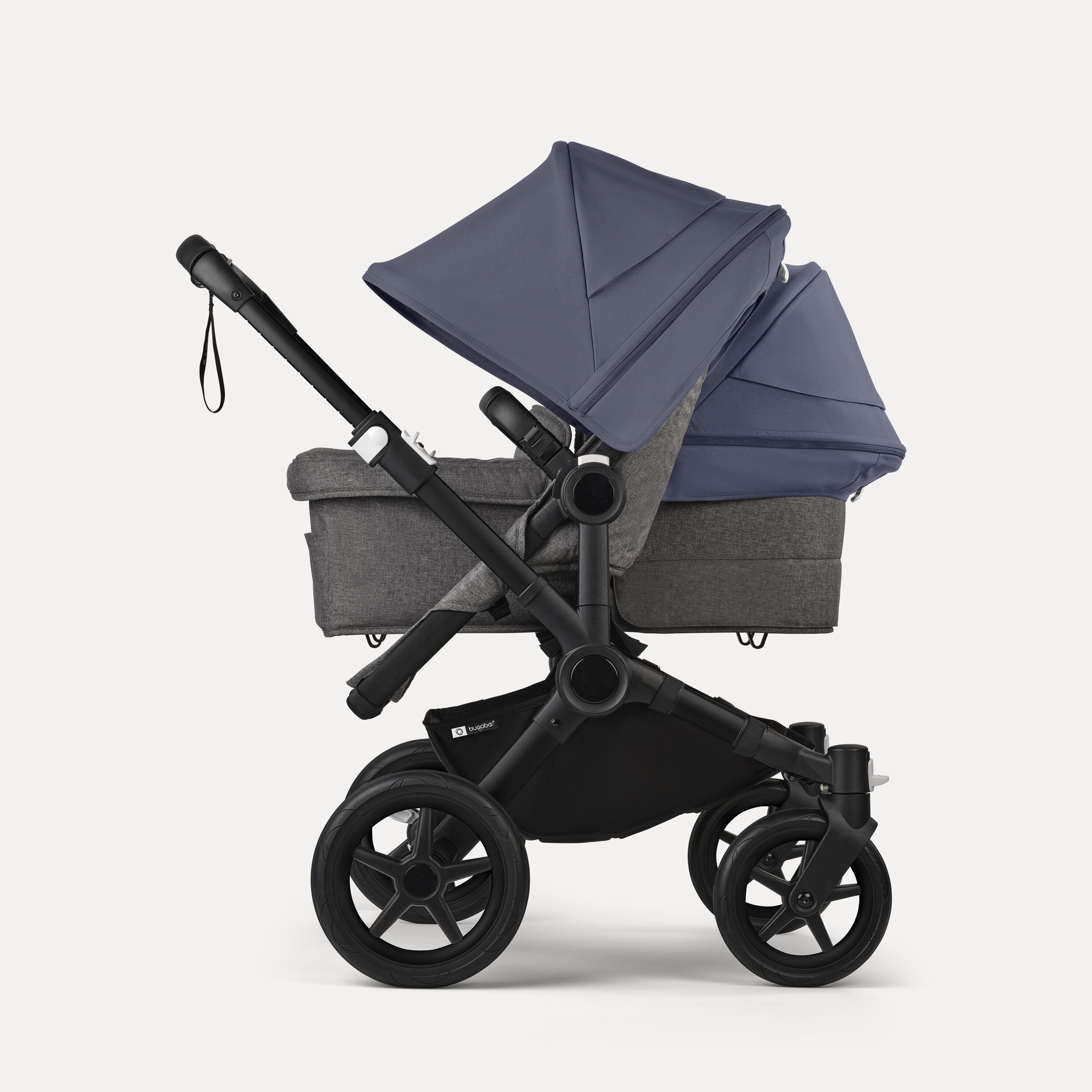 Bugaboo Donkey 5 Duo double stroller black base, grey mélange fabrics, stormy blue sun canopy - Main Modal Image Slide 2 of 11