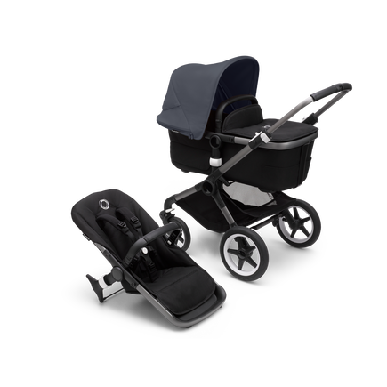 Bugaboo Fox 3 carrycot and seat pushchair with graphite frame, black fabrics, and stormy blue sun canopy.