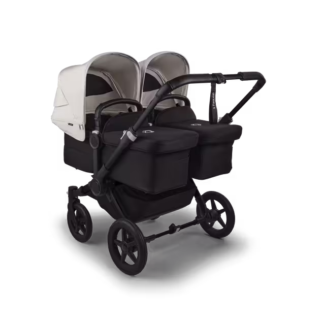 Bugaboo Donkey 5 twin stroller black base, midnight black fabrics, misty white sun canopy - Main Image Slide 1 of 12