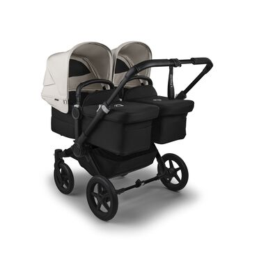 Bugaboo Donkey 5 twin stroller black base, midnight black fabrics, misty white sun canopy