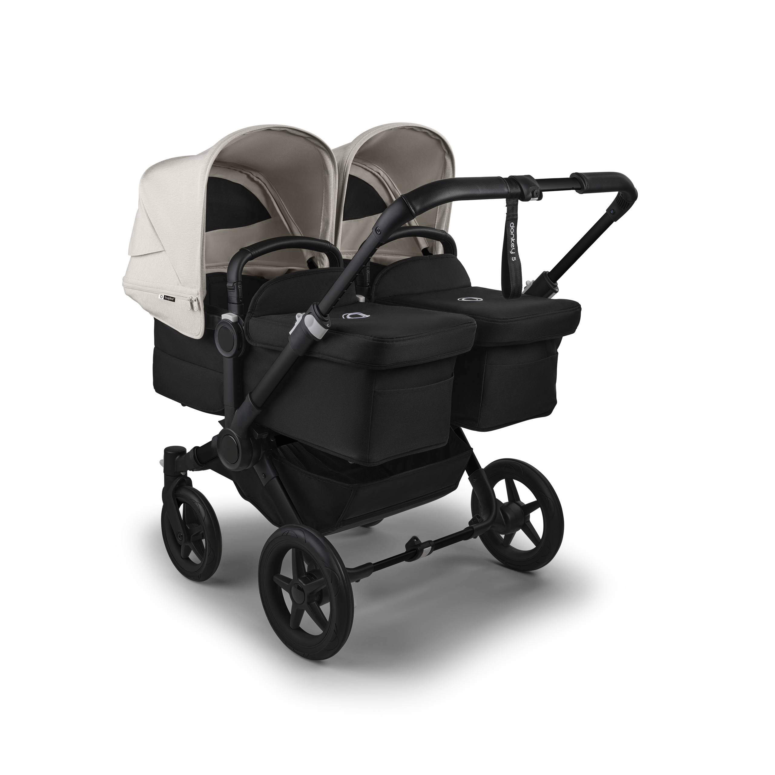 Bugaboo Donkey 5 twin stroller black base, midnight black fabrics, misty white sun canopy - Thumbnail Slide 1 of 12
