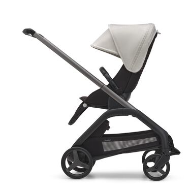 Side view of the Bugaboo Dragonfly seat stroller with graphite chassis, midnight black fabrics and misty white sun canopy. - view 2