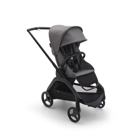 Bugaboo Dragonfly seat stroller with black chassis, grey melange fabrics and grey melange sun canopy.