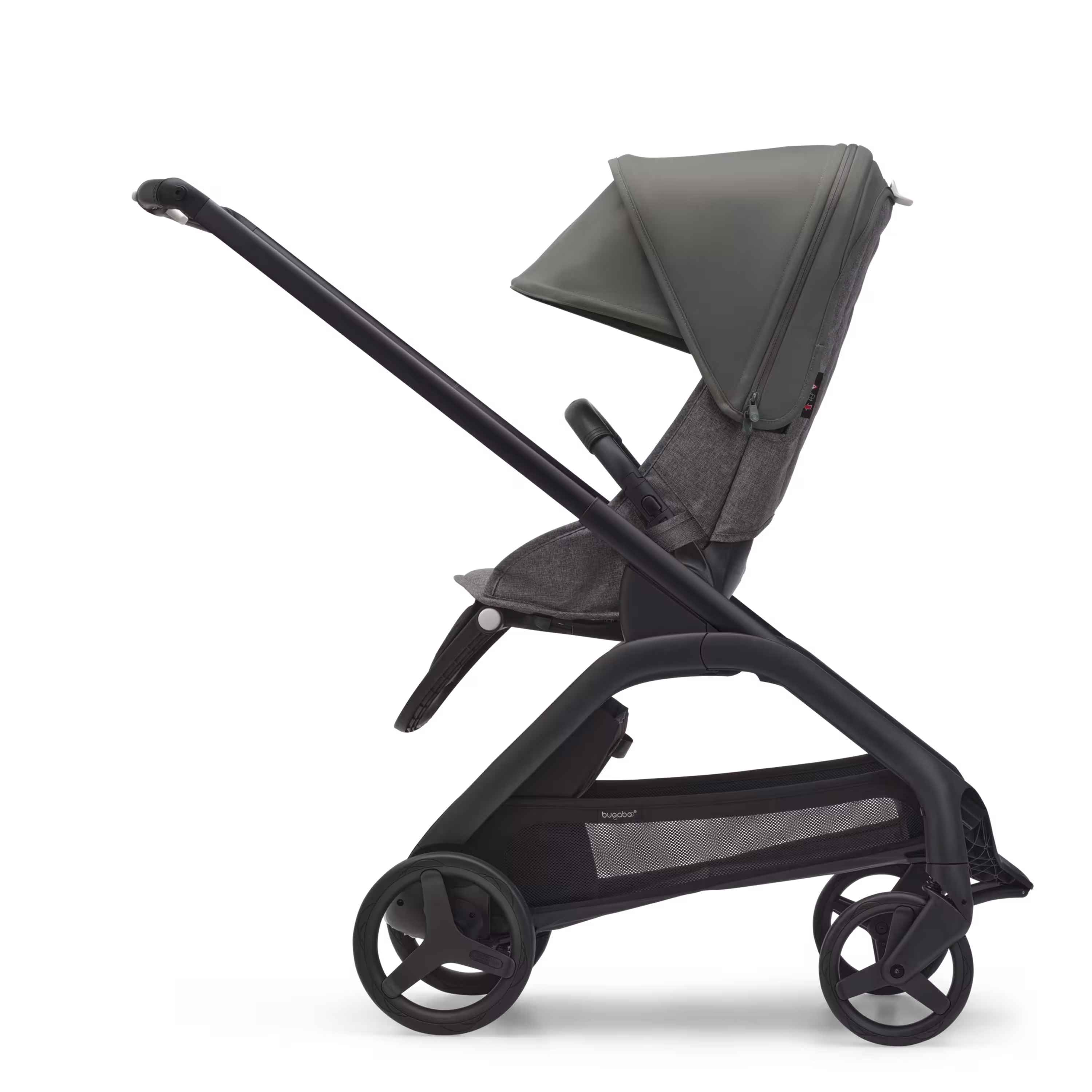 Side view of the Bugaboo Dragonfly seat stroller with black chassis, grey melange fabrics and forest green sun canopy. - Main Modal Image Slide 2 of 16