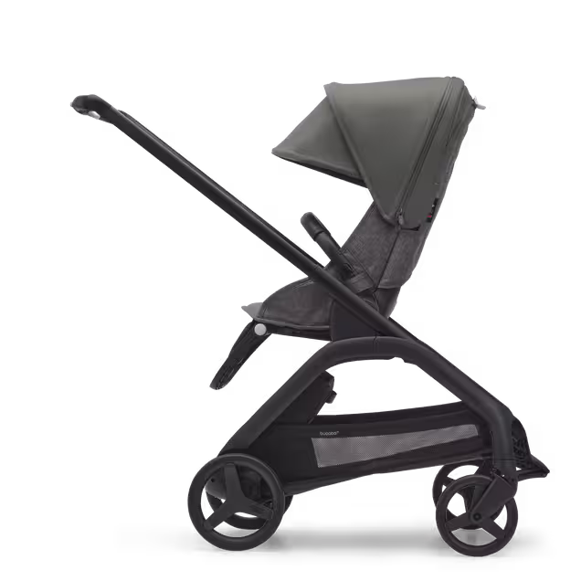 Side view of the Bugaboo Dragonfly seat stroller with black chassis, grey melange fabrics and forest green sun canopy. - Main Image Slide 2 of 16