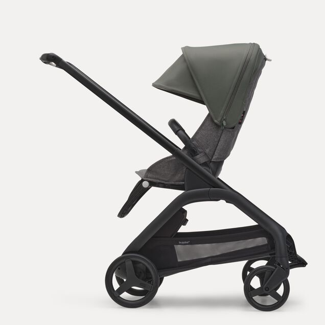 Side view of the Bugaboo Dragonfly seat stroller with black chassis, grey melange fabrics and forest green sun canopy. - Main Image Slide 2 of 16