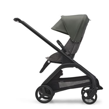 Side view of the Bugaboo Dragonfly seat stroller with black chassis, grey melange fabrics and forest green sun canopy. - view 2