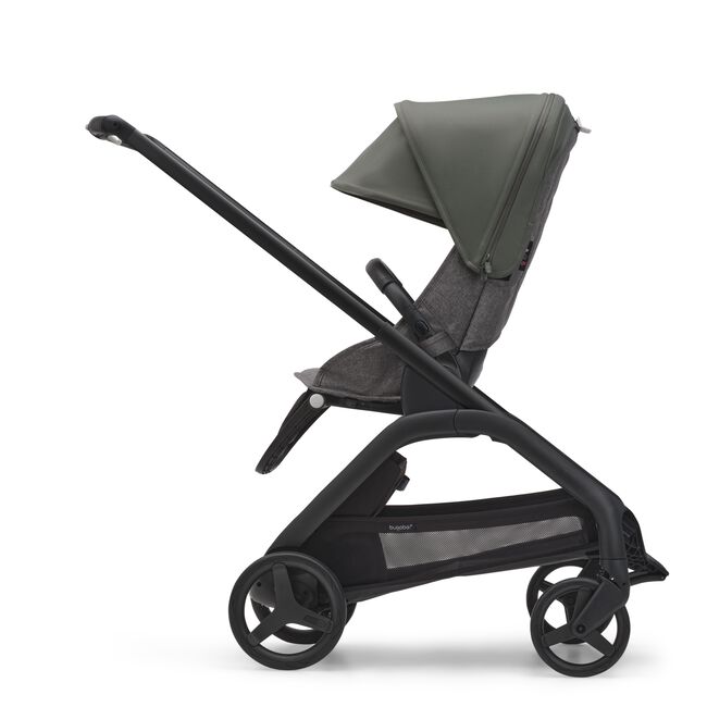 Side view of the Bugaboo Dragonfly seat stroller with black chassis, grey melange fabrics and forest green sun canopy. - Main Image Slide 3 of 18