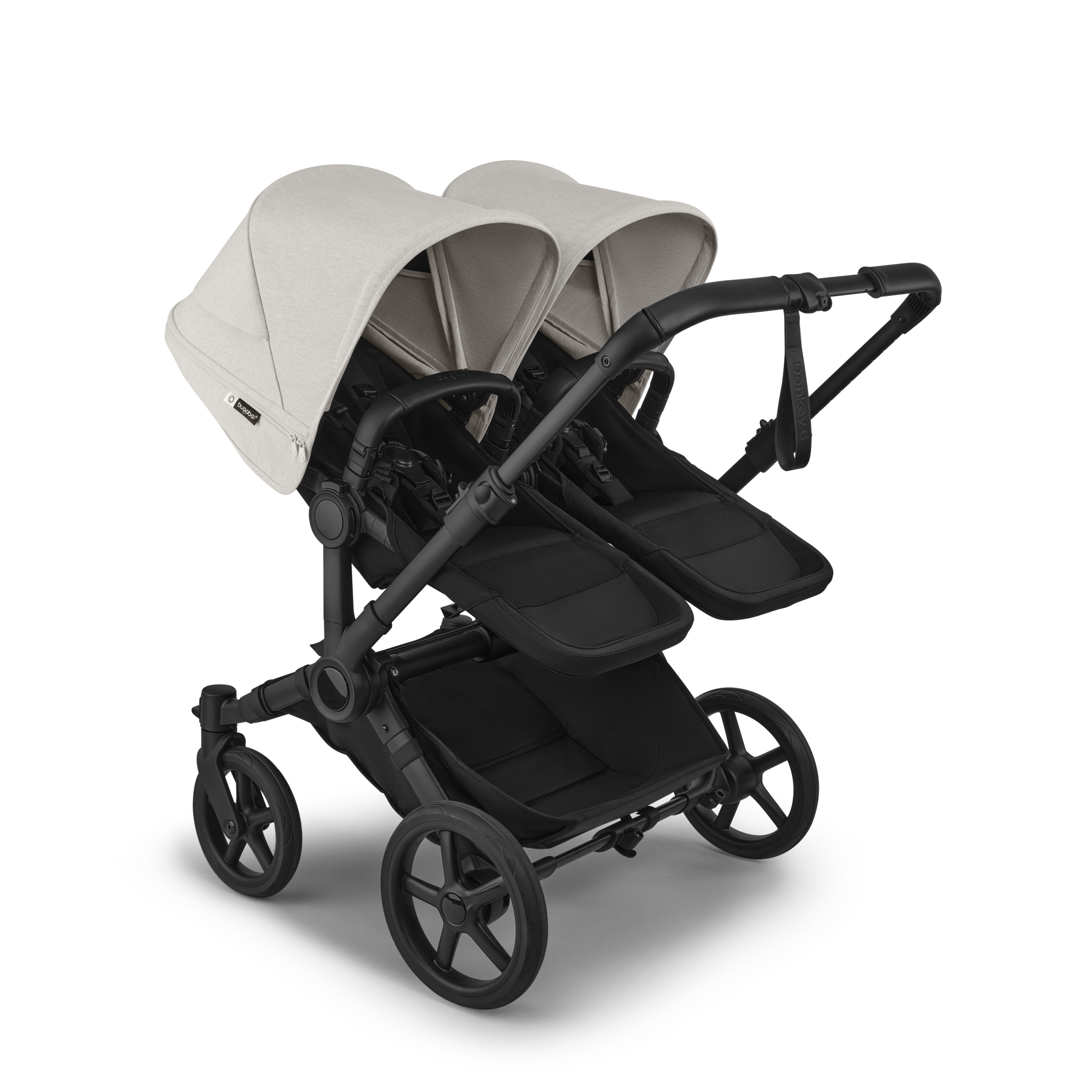 Bugaboo Donkey 6 twin stroller black base, heritage black fabrics, misty white sun canopy view 2 - Thumbnail Slide 2 of 9