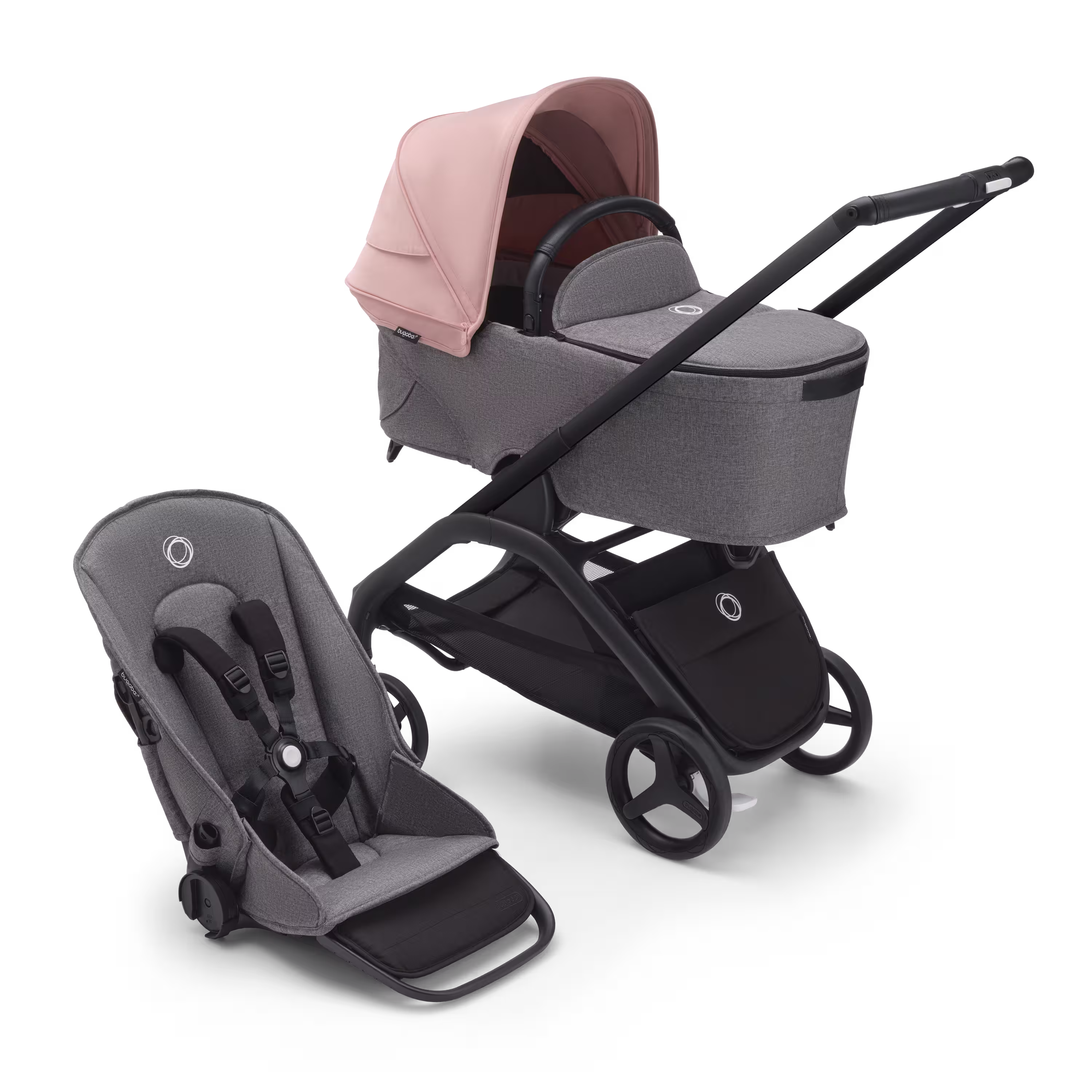 Bugaboo Dragonfly bassinet and seat stroller with black chassis, grey melange fabrics and morning pink sun canopy. - Main Modal Image Slide 1 of 15