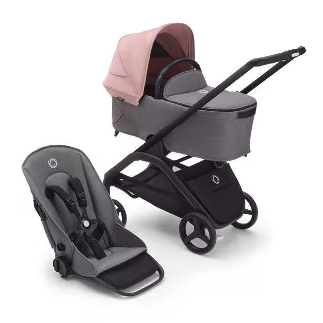 Bugaboo Dragonfly bassinet and seat stroller with black chassis, grey melange fabrics and morning pink sun canopy. - Main Image Slide 1 of 15