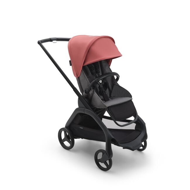 Bugaboo Dragonfly seat stroller with black chassis, grey melange fabrics and sunrise red sun canopy. - Main Image Slide 1 of 18