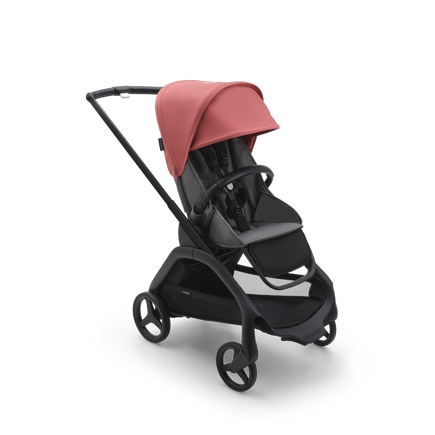 Bugaboo Dragonfly seat stroller with black chassis, grey melange fabrics and sunrise red sun canopy.
