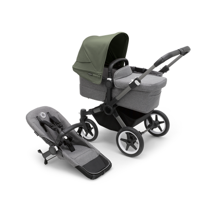 Bugaboo Donkey 5 Mono bassinet stroller with graphite chassis, grey melange fabrics and forest green sun canopy, plus seat.
