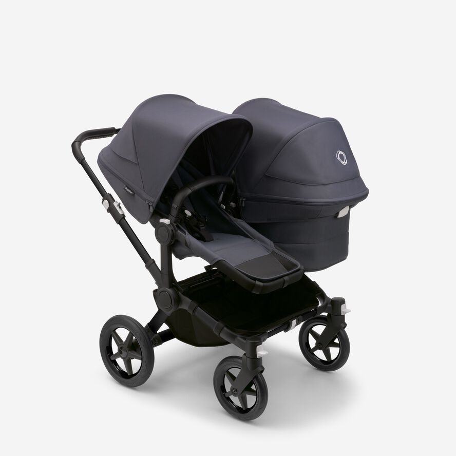 Bugaboo Donkey 5 Duo bassinet and seat stroller black base, stormy blue fabrics, stormy blue sun canopy