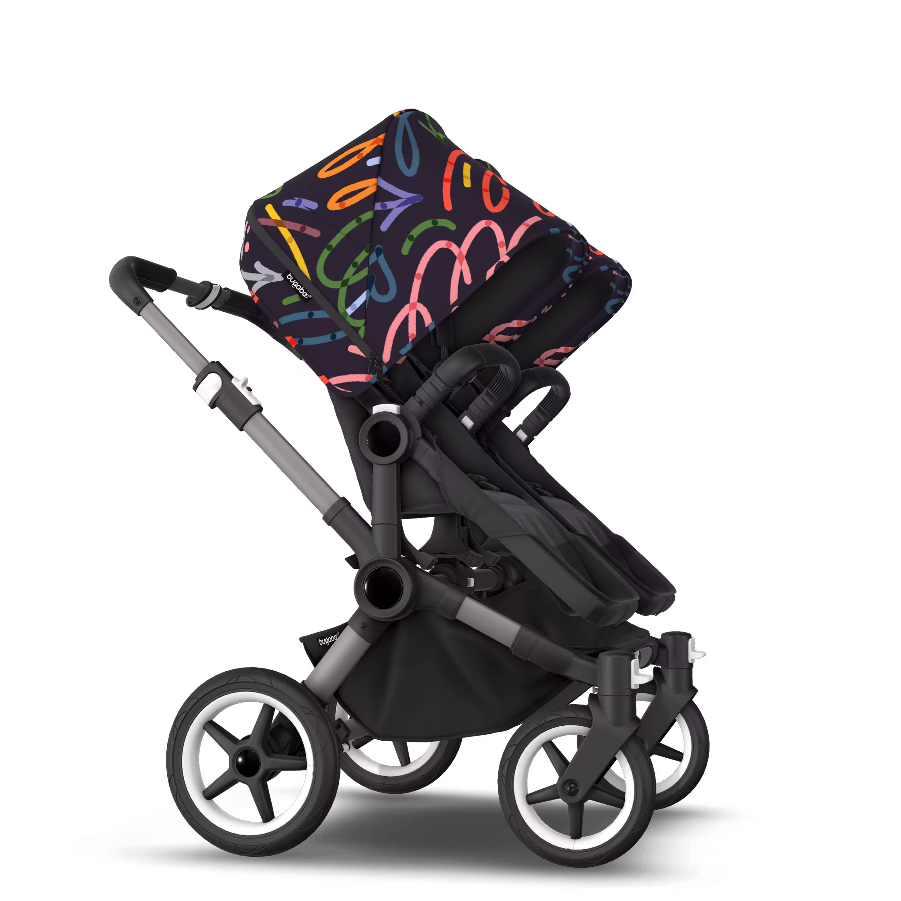 Bugaboo Donkey 5 twin stroller graphite base, midnight black fabrics, art of discovery dark blue sun canopy - Main Modal Image Slide 4 of 12