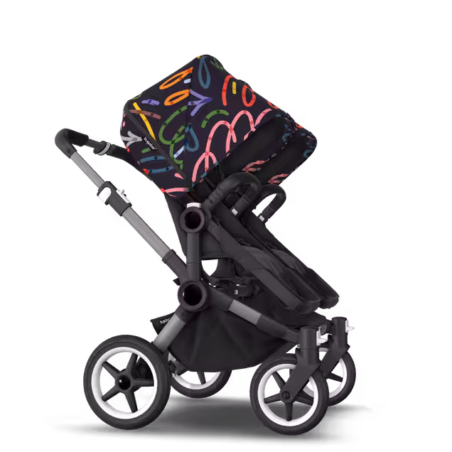 Bugaboo Donkey 5 twin stroller graphite base, midnight black fabrics, art of discovery dark blue sun canopy - Main Image Slide 4 of 12