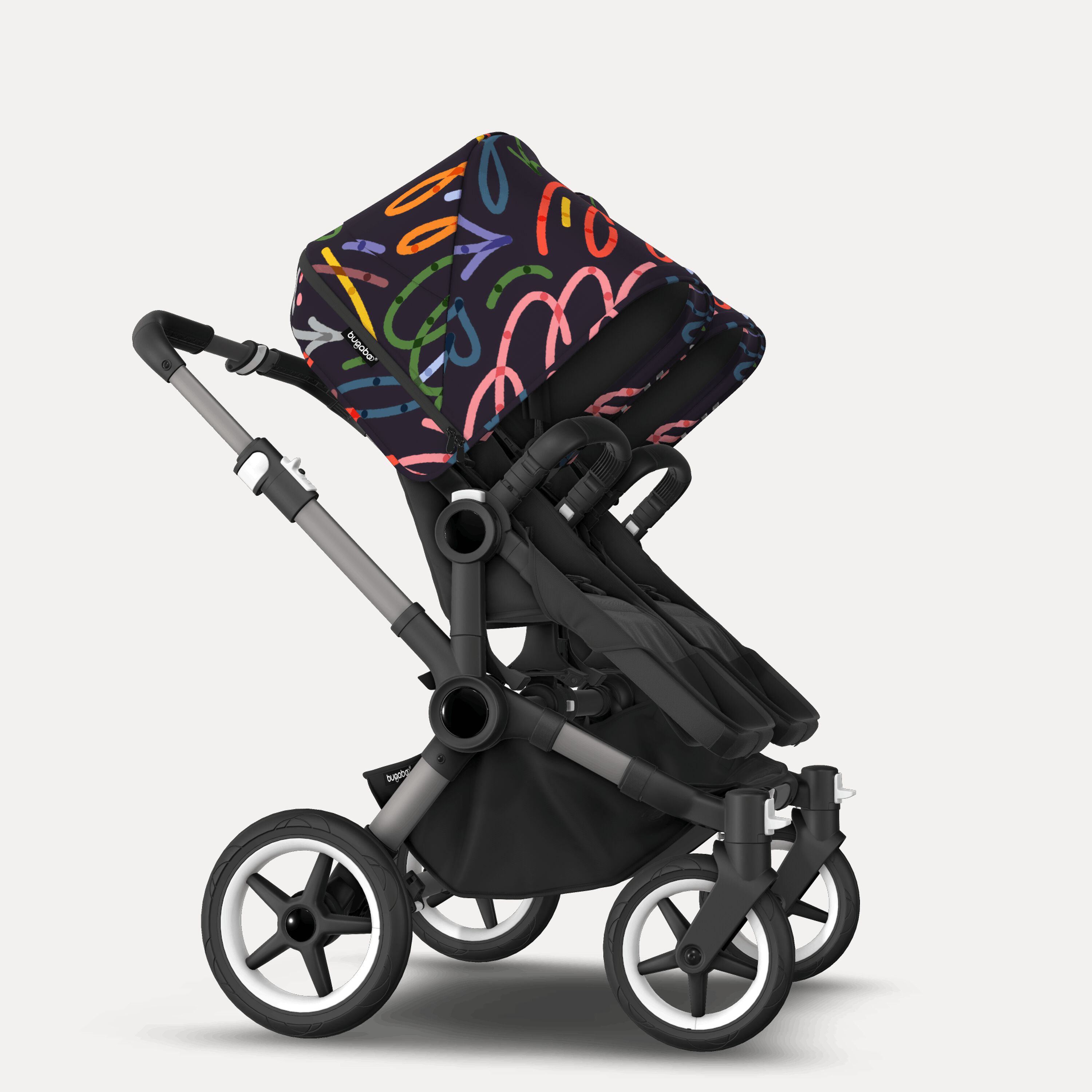 Bugaboo Donkey 5 twin stroller graphite base, midnight black fabrics, art of discovery dark blue sun canopy - Main Modal Image Slide 4 of 12