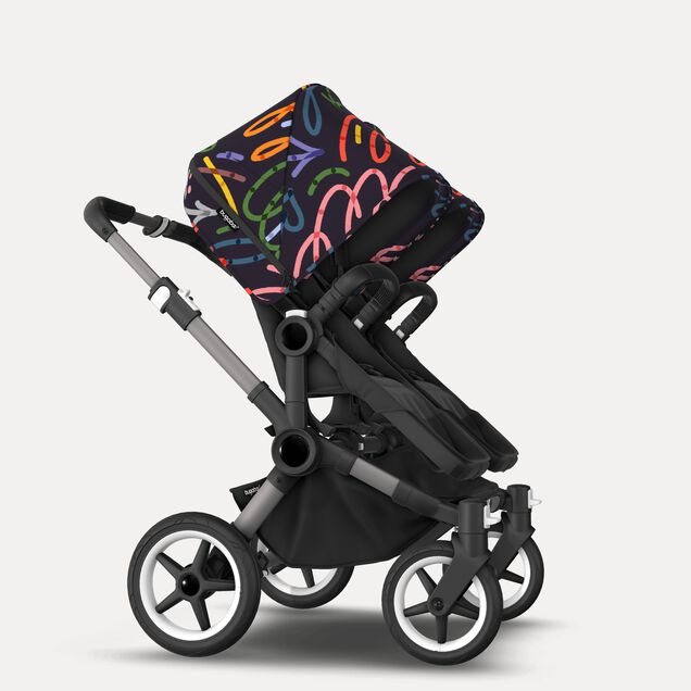 Bugaboo Donkey 5 twin stroller graphite base, midnight black fabrics, art of discovery dark blue sun canopy - Main Image Slide 4 of 12