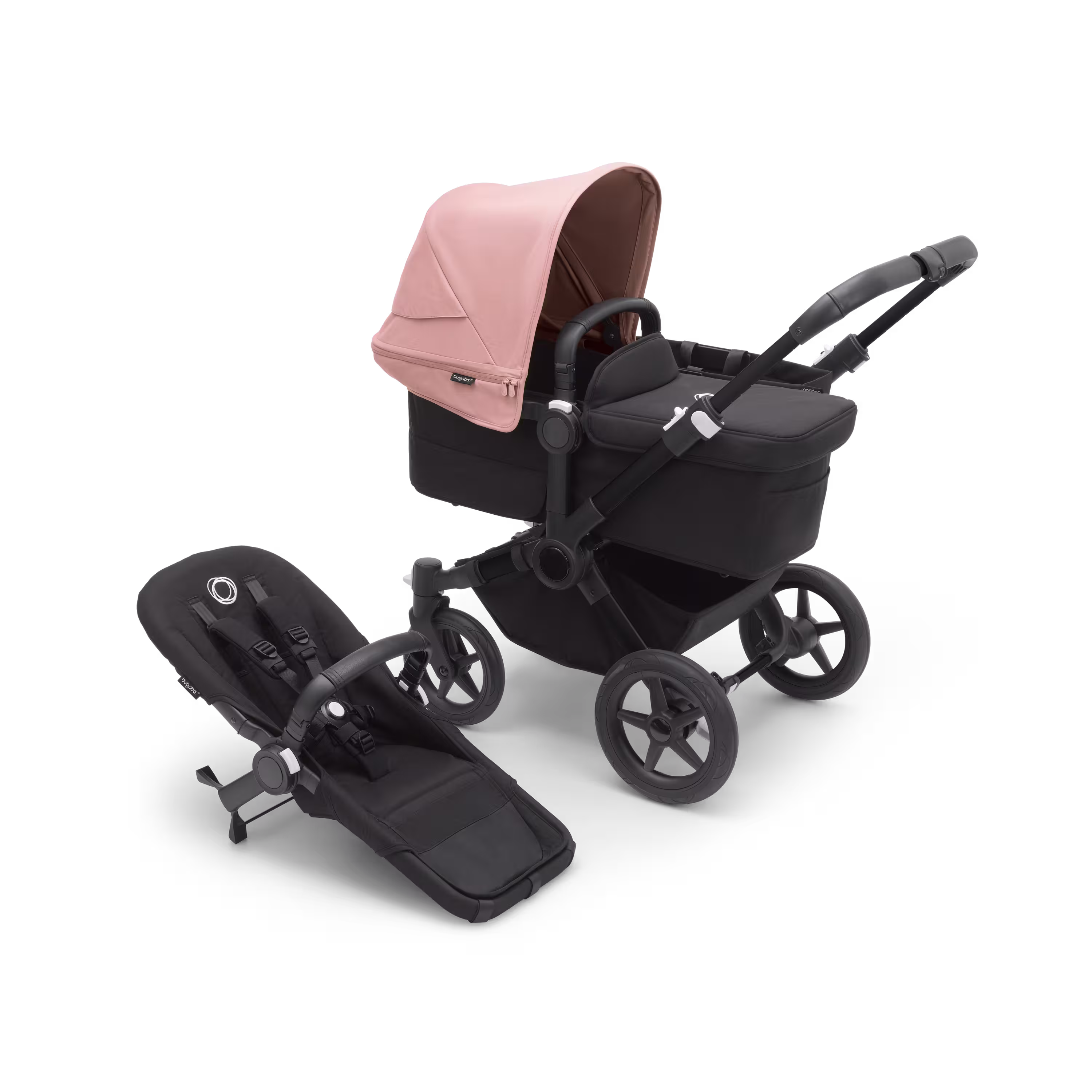 Refurbished Bugaboo Donkey 5 Mono bassinet and seat stroller black base, midnight black fabrics, morning pink sun canopy - Main Modal Image Slide 1 of 9
