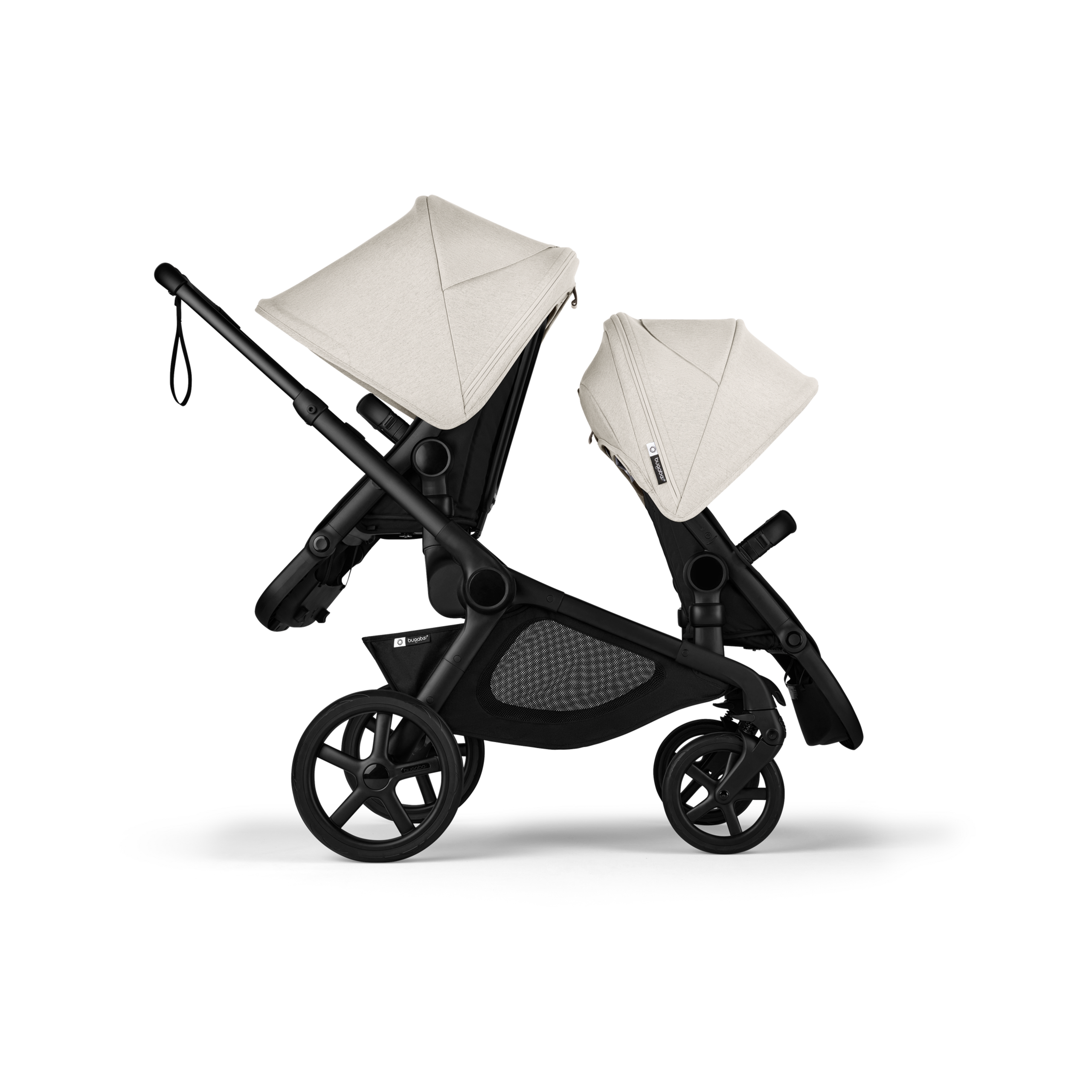 Bugaboo Kangaroo tandem stroller black base, midnight black fabrics, misty white sun canopy - Thumbnail Slide 4 of 18