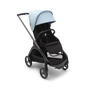 Bugaboo Dragonfly seat stroller with graphite chassis, midnight black fabrics and skyline blue sun canopy.