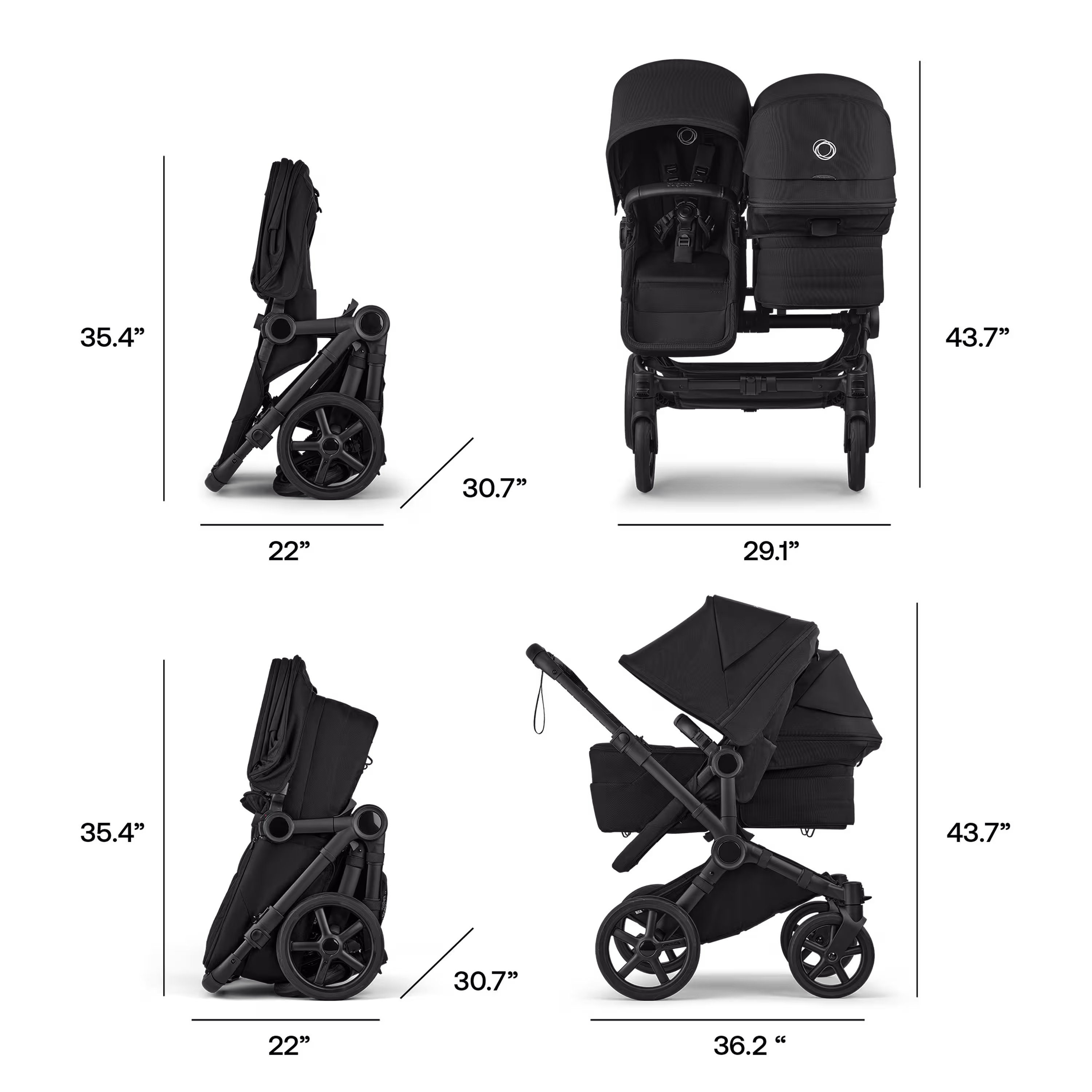 Bugaboo Donkey 6 double stroller black base, moon grey fabrics, moon grey sun canopy - Main Modal Image Slide 7 of 9