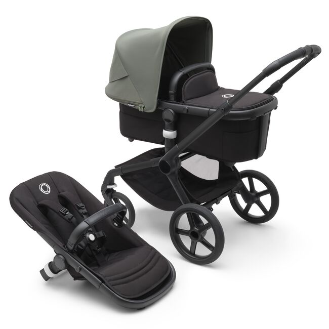Bugaboo Fox 5 bassinet and seat stroller with black chassis, midnight black fabrics and forest green sun canopy. - Main Image Slide 1 of 16