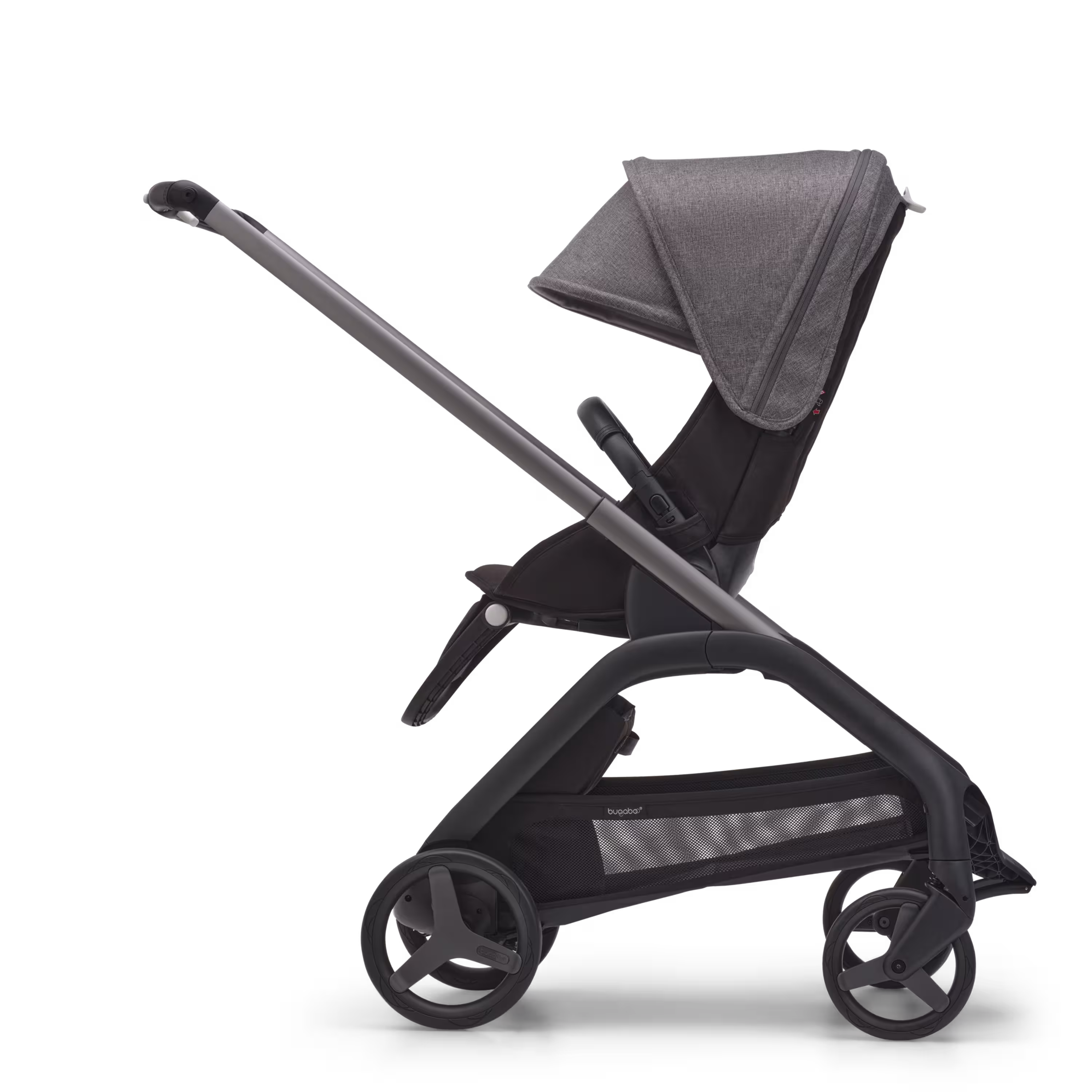 Side view of the Bugaboo Dragonfly seat stroller with graphite chassis, midnight black fabrics and grey melange sun canopy. - Main Modal Image Slide 2 of 16