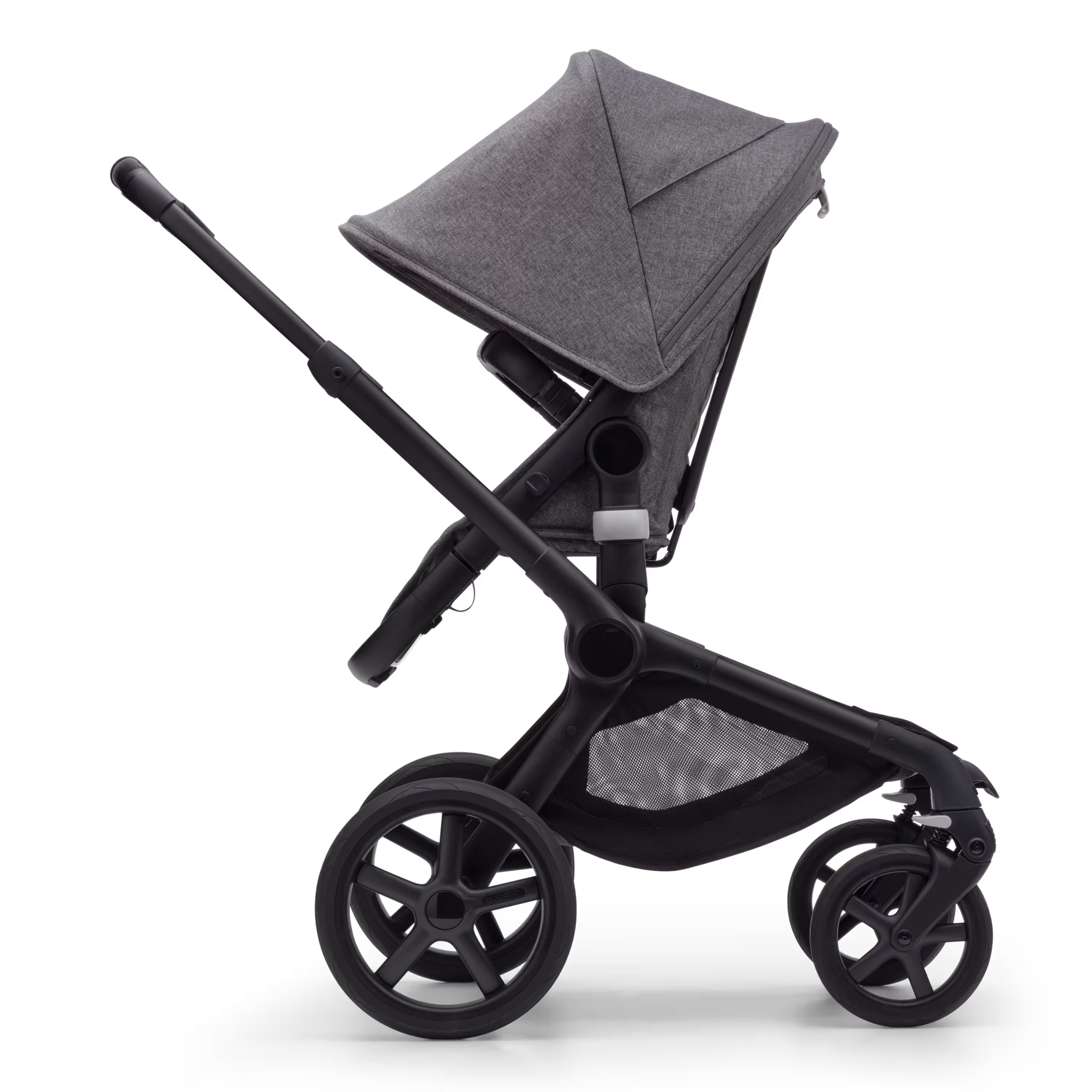 Side view of the Bugaboo Fox 5 seat stroller with black chassis, grey melange fabrics and grey melange sun canopy. - Main Modal Image Slide 3 of 12