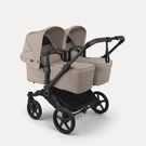 Bugaboo Donkey 6 twin stroller black base, desert taupe melange fabrics, desert taupe melange sun canopy