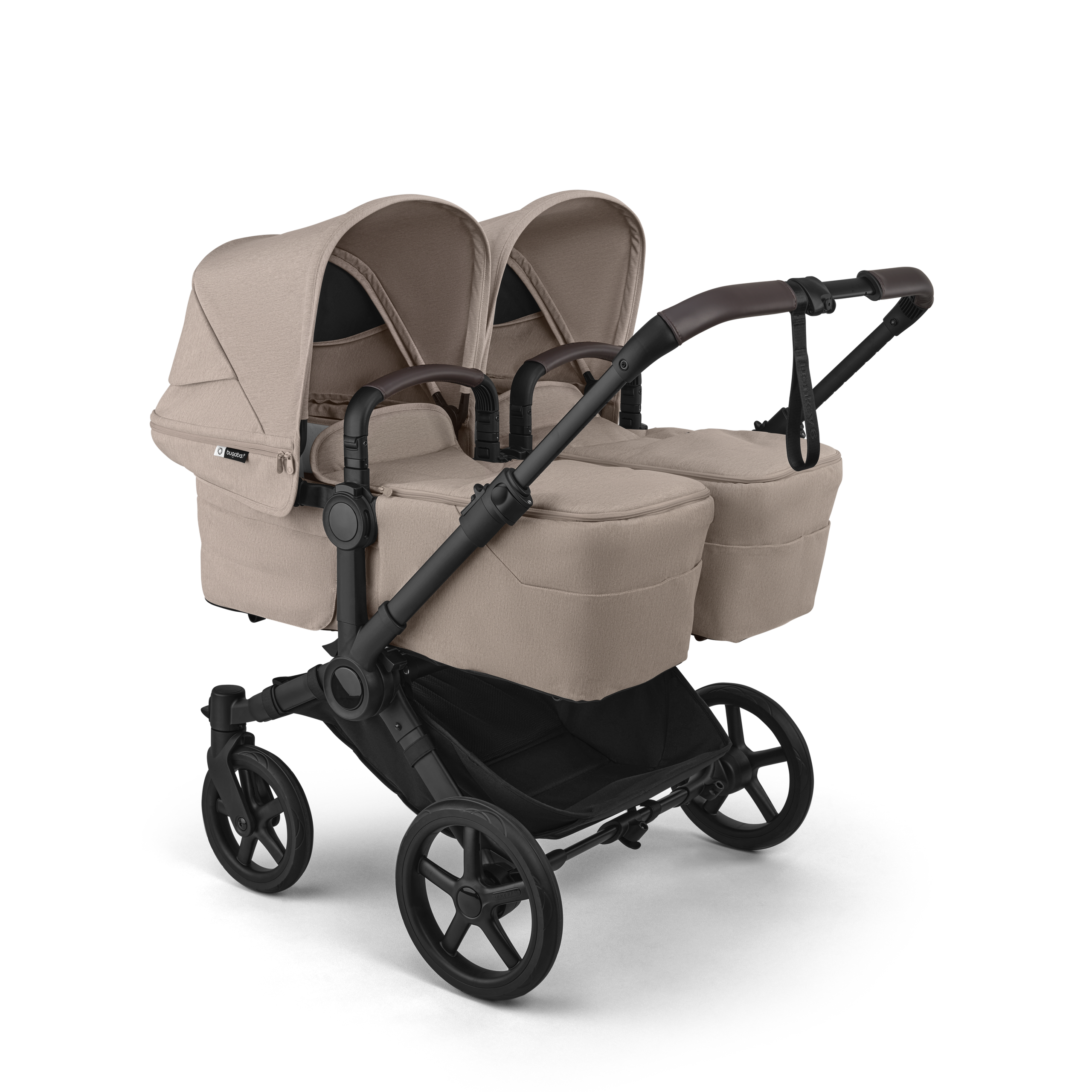 Bugaboo Donkey 6 twin stroller black base, desert taupe melange fabrics, desert taupe melange sun canopy view 1 - Thumbnail Slide 1 of 9