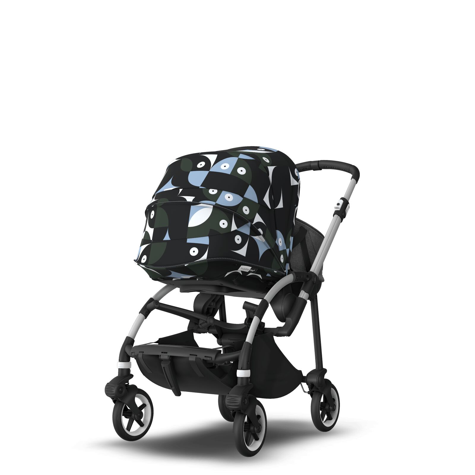 Bugaboo Bee 6 bassinet and seat stroller aluminium base, grey fabrics, animal explorer green/ light blue sun canopy