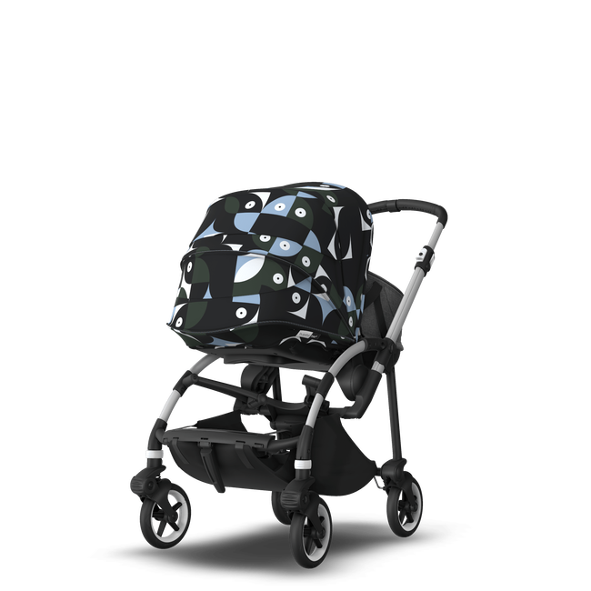 Bugaboo Bee 6 bassinet and seat stroller aluminium base, grey fabrics, animal explorer green/ light blue sun canopy