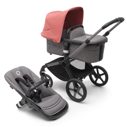 Bugaboo Fox 5 bassinet and seat pram with graphite chassis, grey melange fabrics and sunrise red sun canopy.