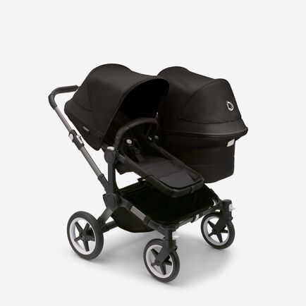 Bugaboo Donkey 5 Duo seat and bassinet stroller with graphite chassis, midnight black fabrics and midnight black sun canopy.