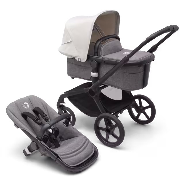 Bugaboo Fox 5 carrycot and seat pushchair with black chassis, grey melange fabrics and misty white sun canopy. - Main Image Slide 1 of 13