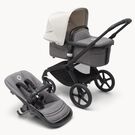 Bugaboo Fox 5 carrycot and seat pushchair with black chassis, grey melange fabrics and misty white sun canopy.